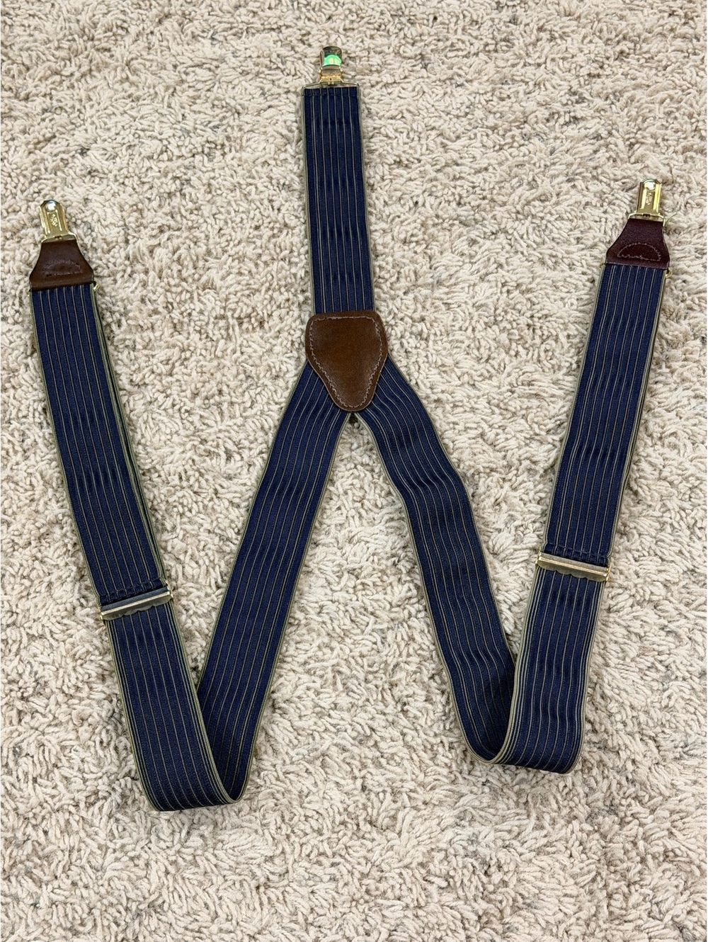 Vintage Pelican USA Navy Blue Pinstripe Suspenders with Leather Accents